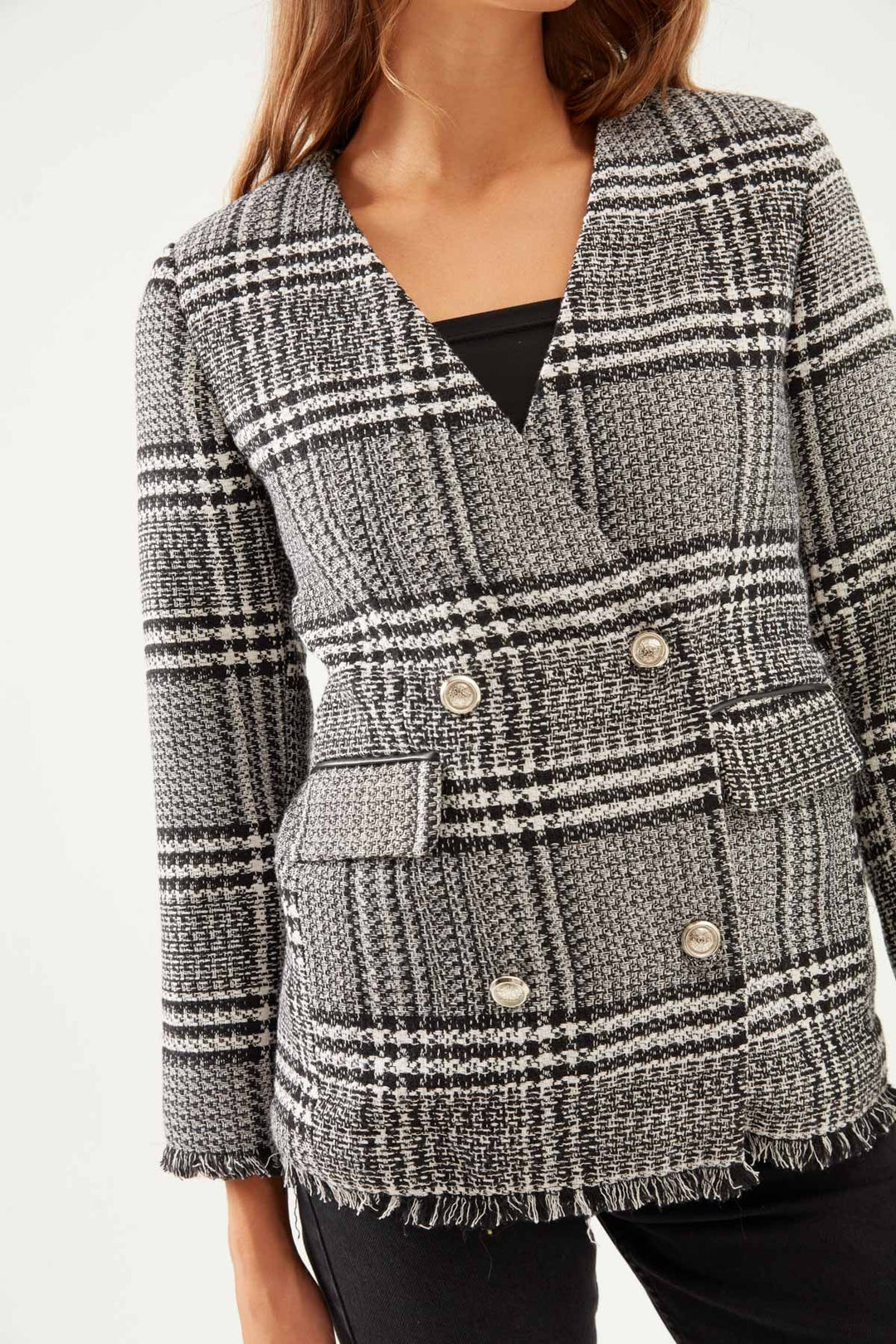Striped Tweed Blazer Jacket Black