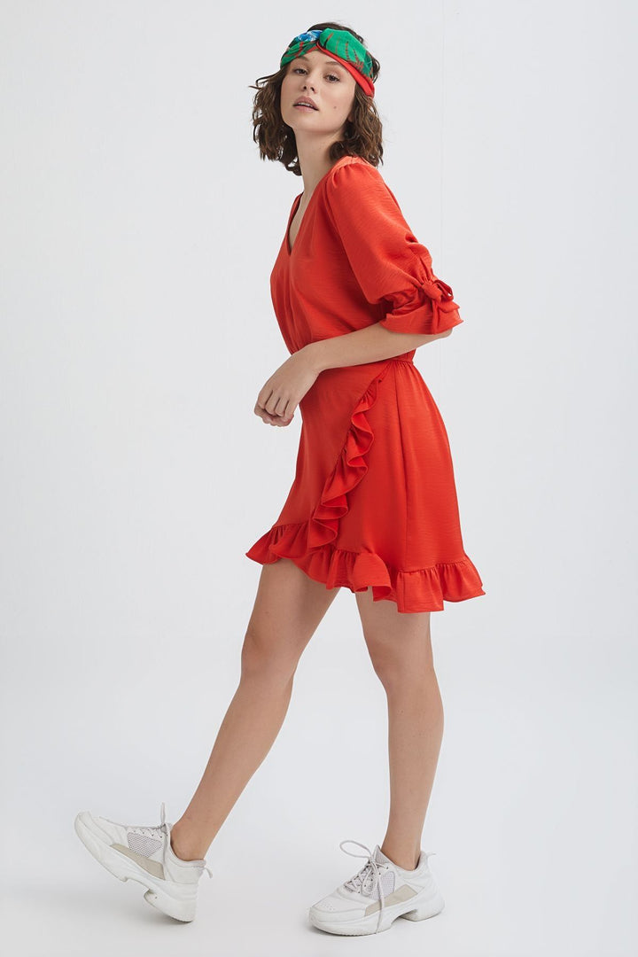 V Neck Frilly Mini Dress Orange