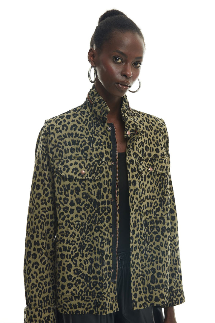 Sırtı Baskılı Leopar Desenli Ceket Haki