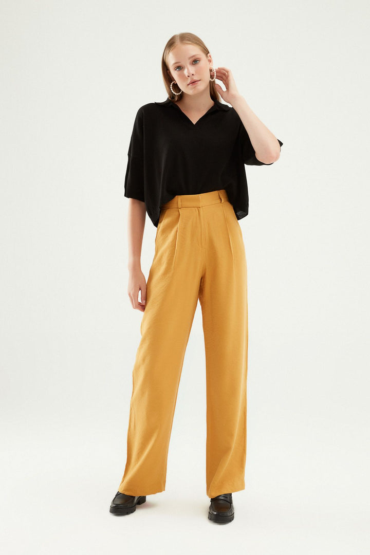 Yüksel Bel Bol Paça Pantolon Hardal