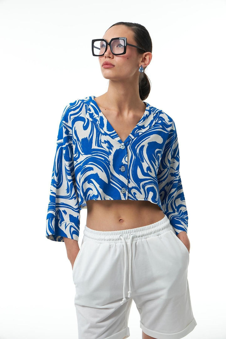 Desenli Keten Crop Gömlek Sax