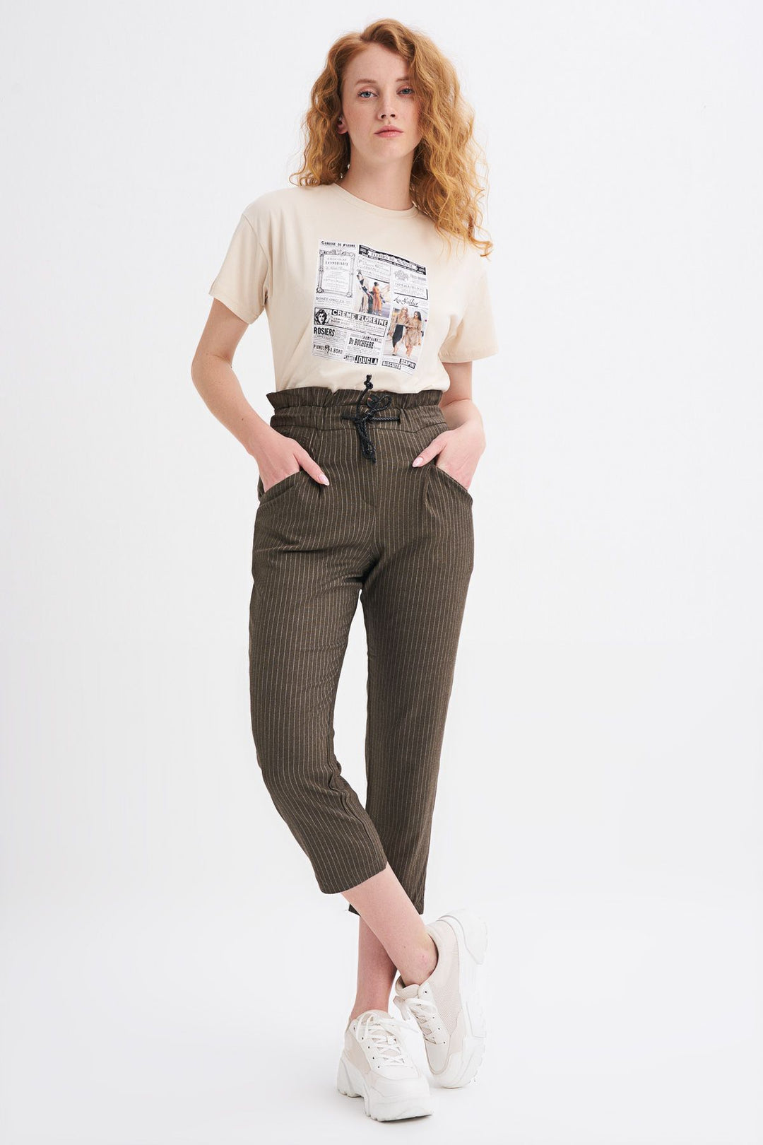 Tie Waist Striped Trousers Khaki