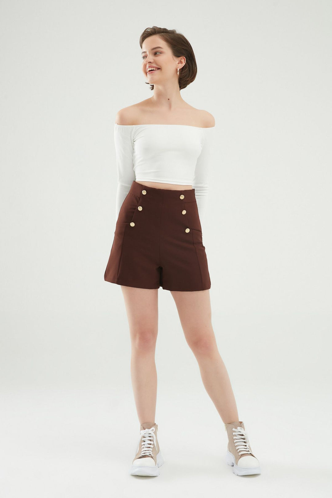 Button Detailed High Waist Shorts Dark Brown