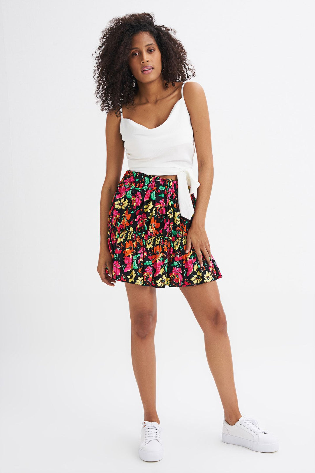 Floral Patterned Elastic Waist Skirt Fuchsia