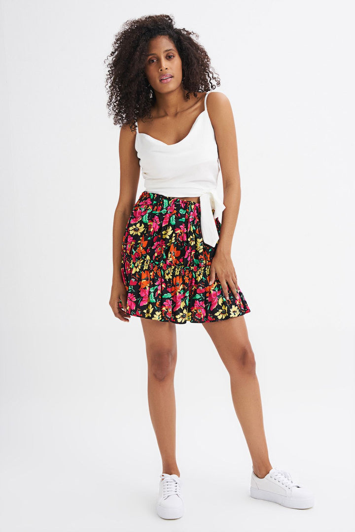 Floral Patterned Elastic Waist Skirt Fuchsia