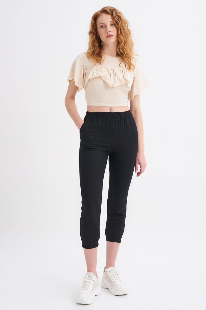 Beli Lastikli Keten Pantolon Siyah