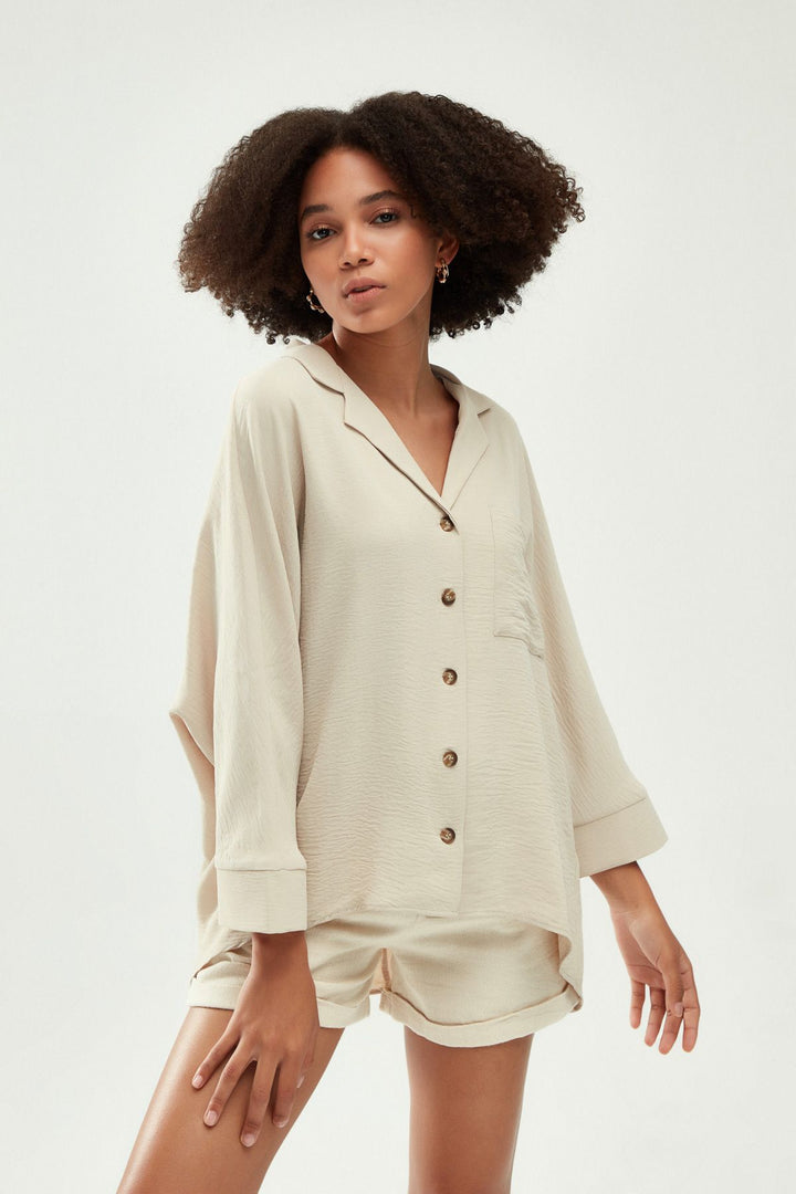 Tek Cepli Oversize Gömlek Bej