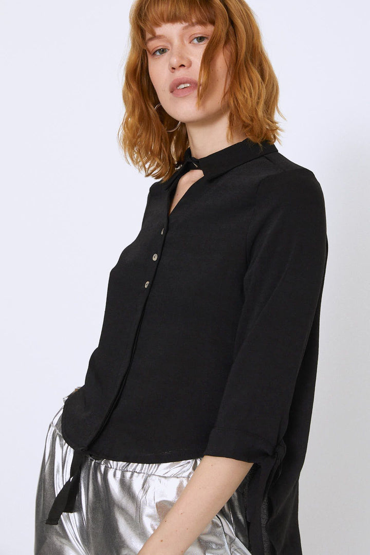V-Neck Shirt with Tied Sleeves Black