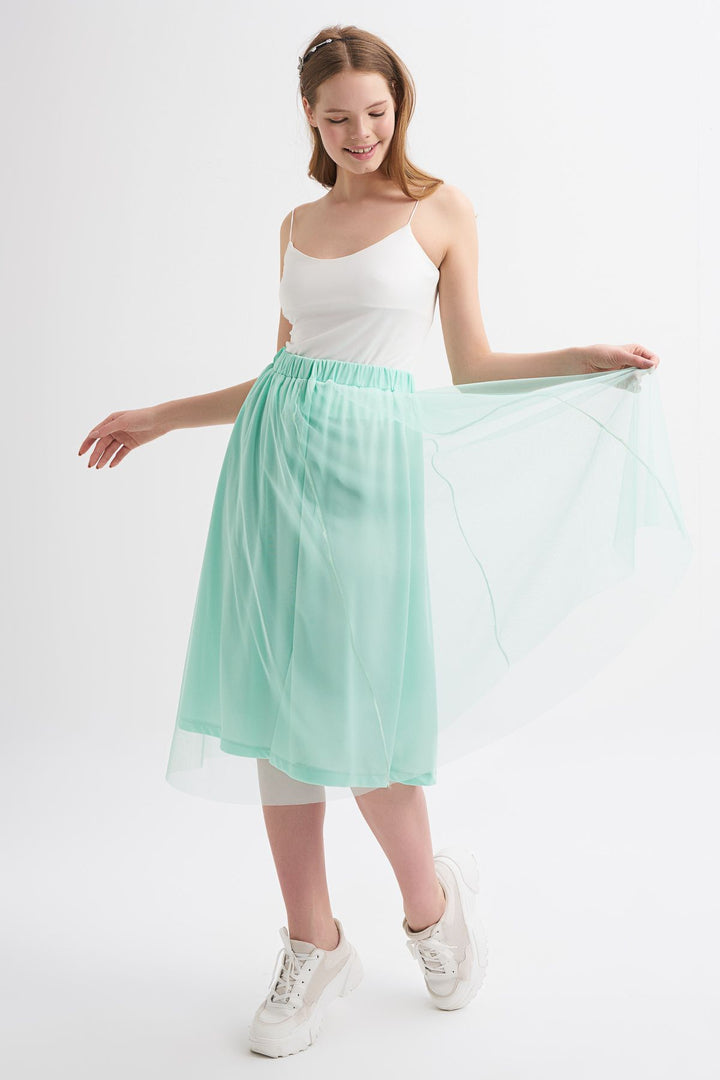 Pleated Tulle Detailed Midi Skirt Mint
