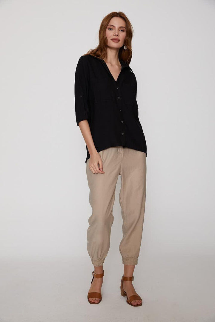 Judge Collar Three Quarter Sleeve Blouse Black