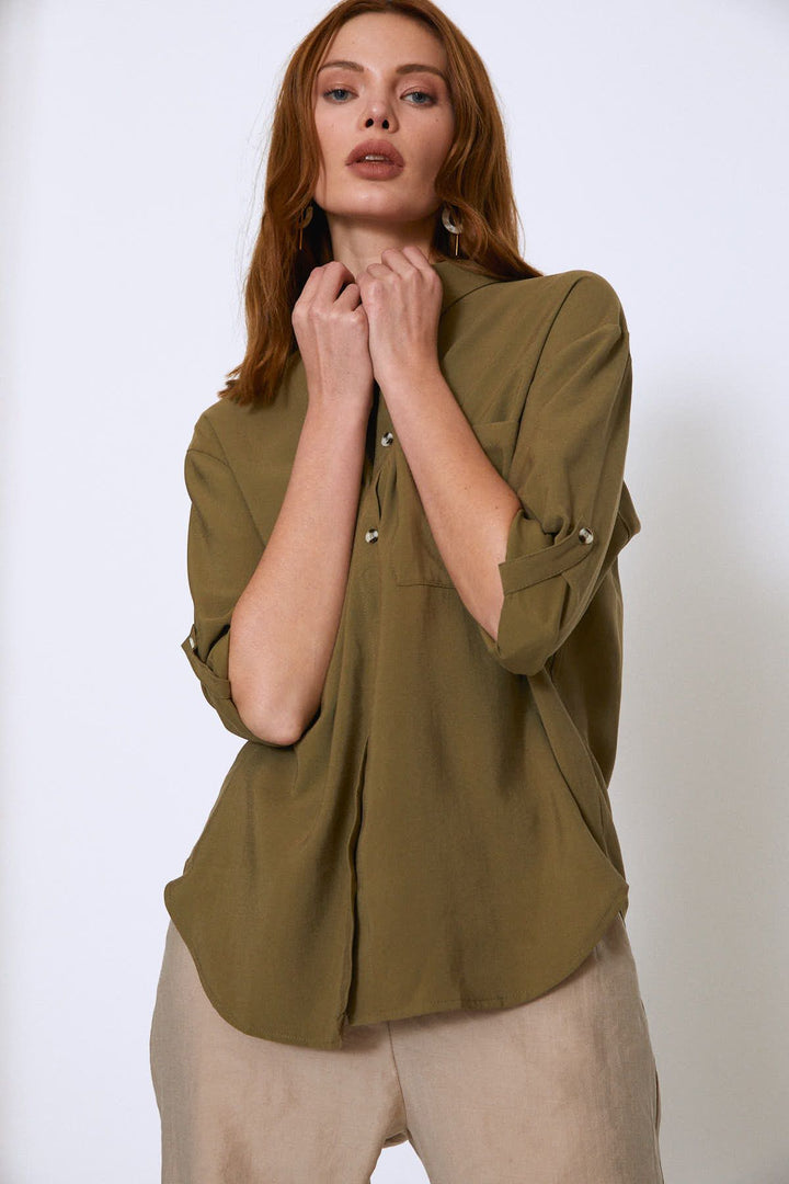 Back Printed Tencel Shirt Khaki