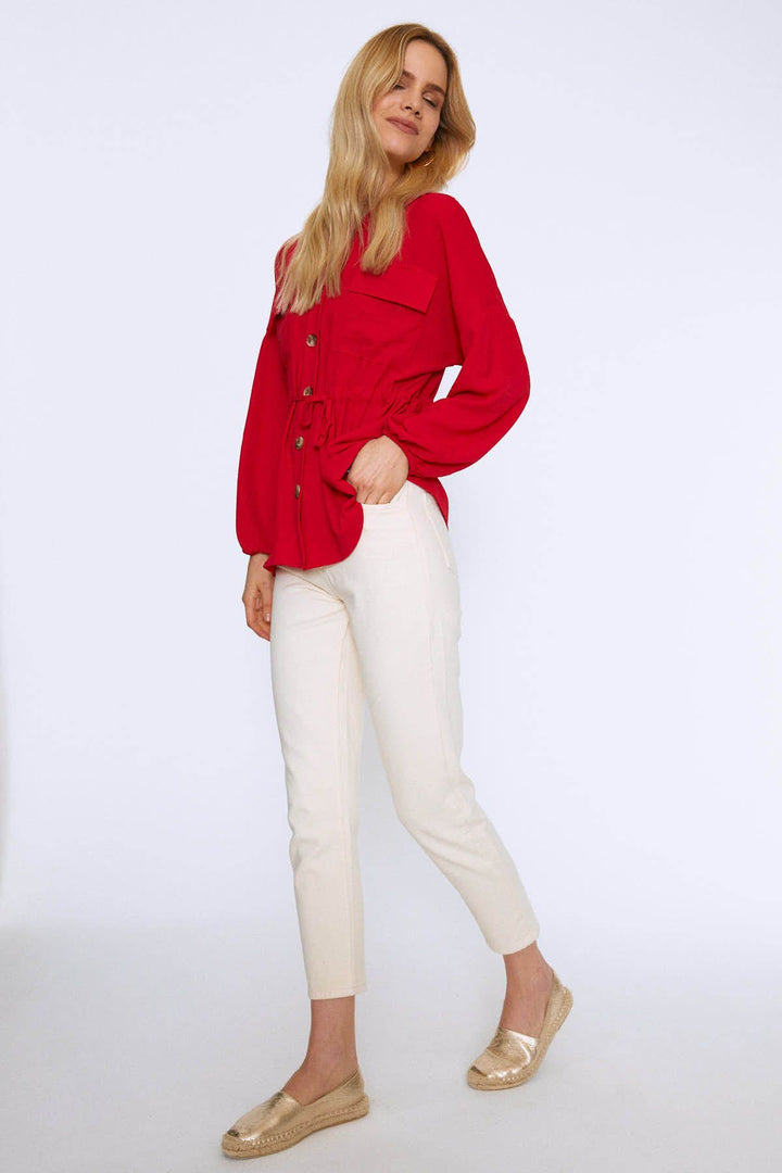Long Sleeve Blouse With Gipe Waist Red