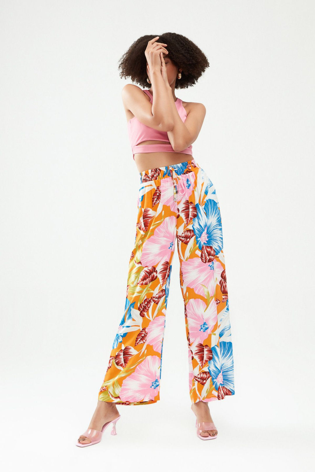 Desenli Beli Lastikli Pantolon Turuncu