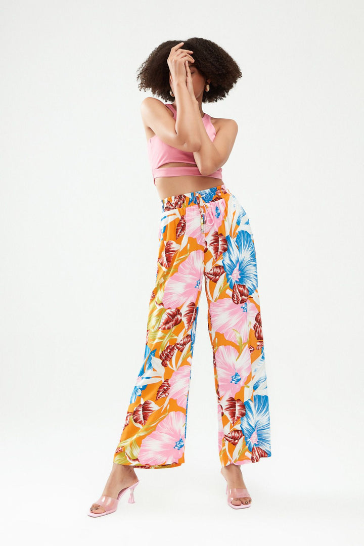 Desenli Beli Lastikli Pantolon Turuncu