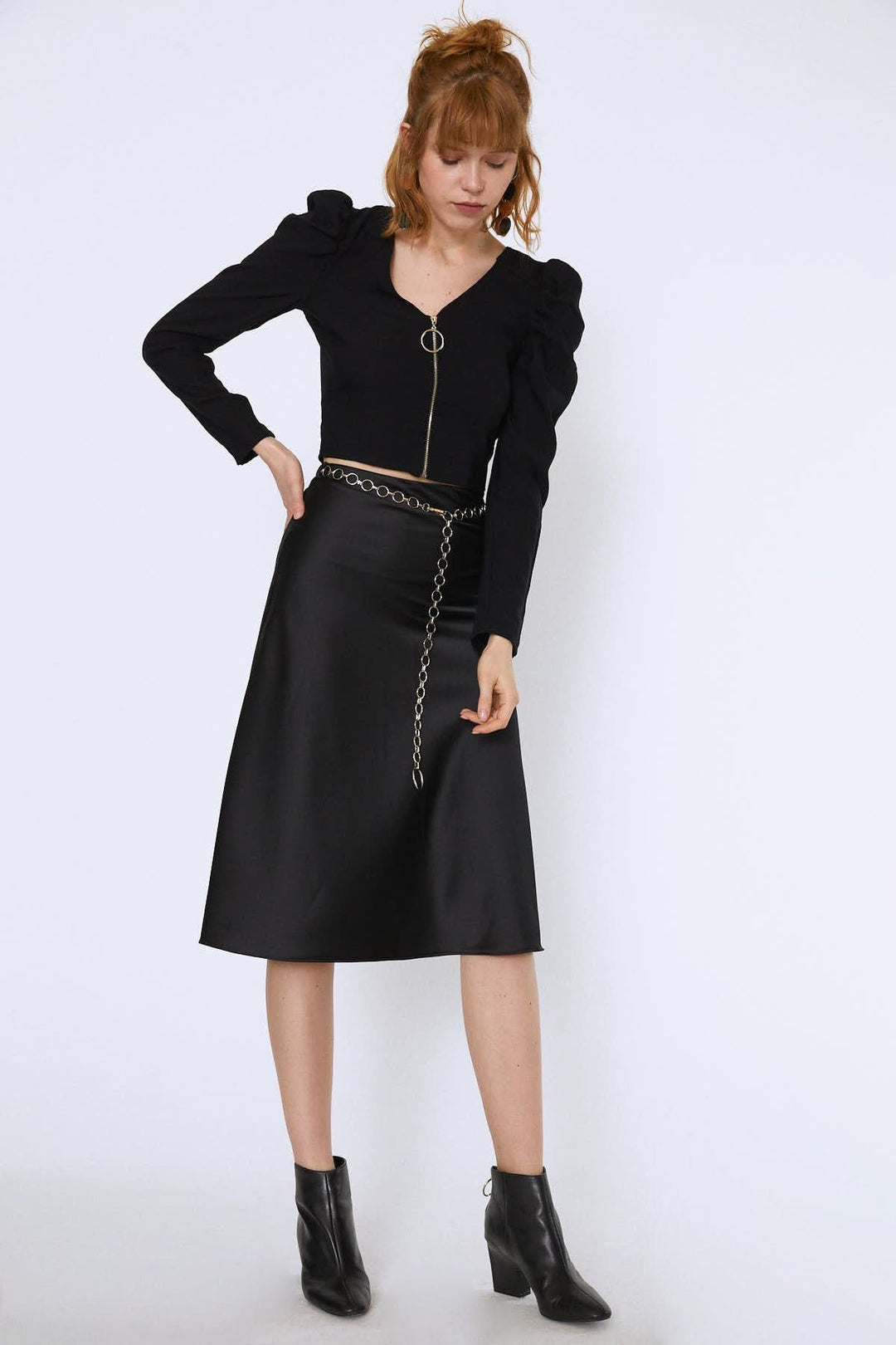 Chain Waist Midi Skirt Black