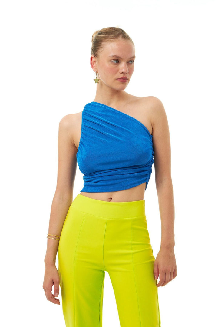 Pleated One-Shoulder Blouse Sax