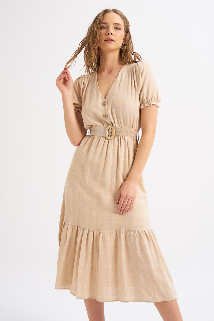 Balloon Sleeve Belt Linen Dress Beige