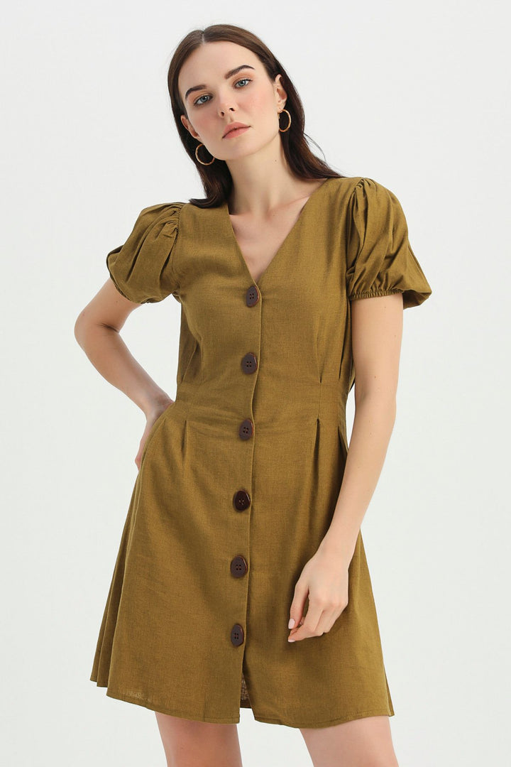 V Neck Balloon Sleeve Linen Dress Dark Khaki