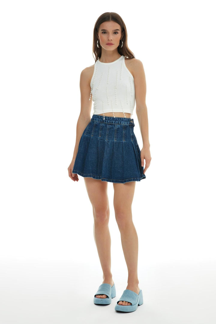 Pleat Detailed Mini Denim Skirt Blue