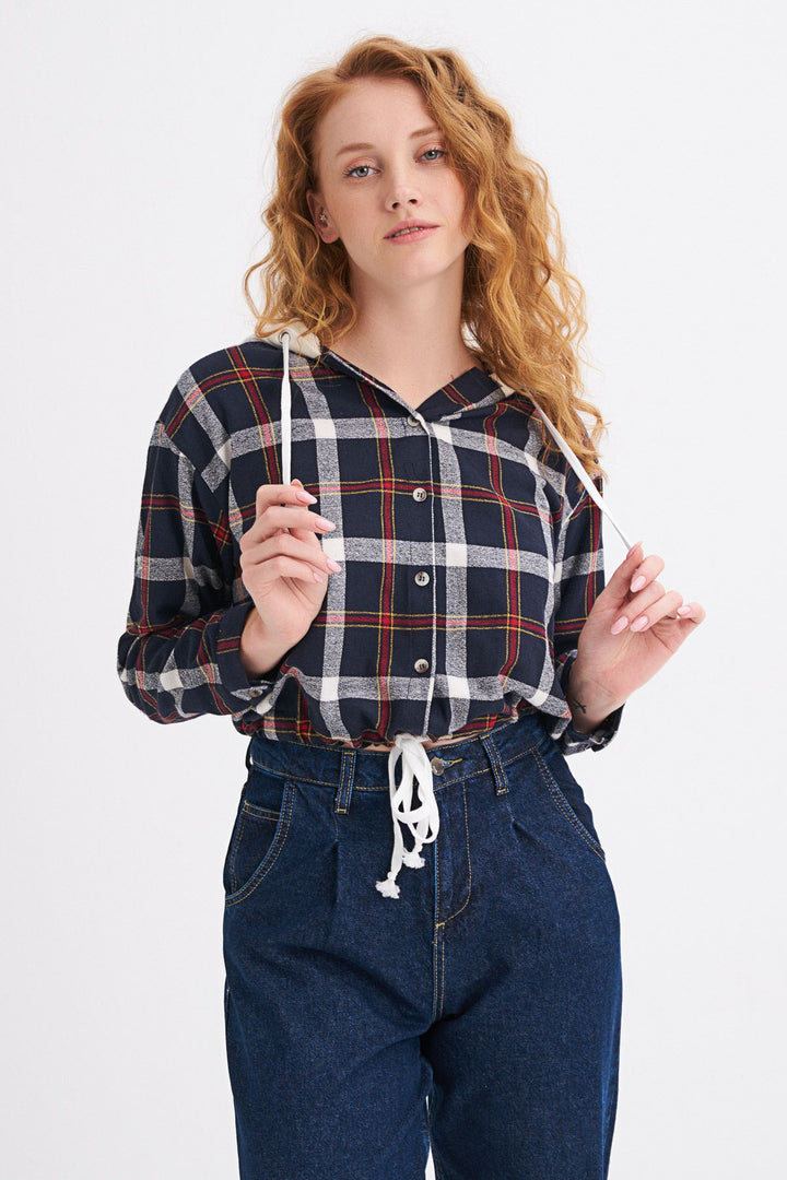 Kapüşonlu Ekose Gömlek Lacivert