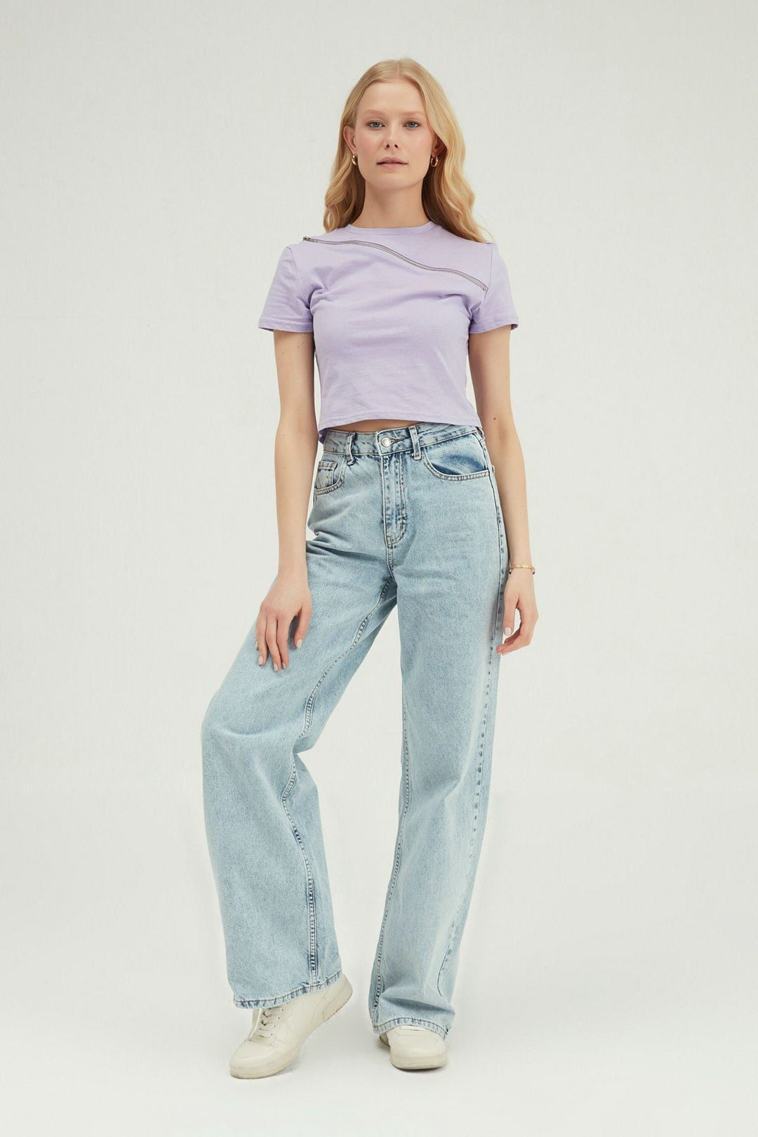 Fermuar Detaylı Crop Tişört Lila