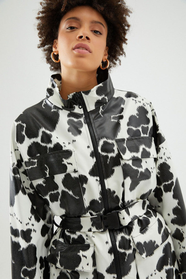 Patterned Belted Raincoat Black