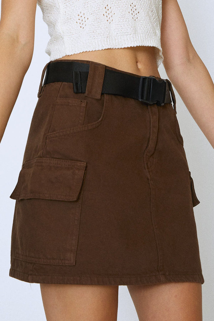 Kemerli Kargo Cepli Kot Etek Koyu Kahve