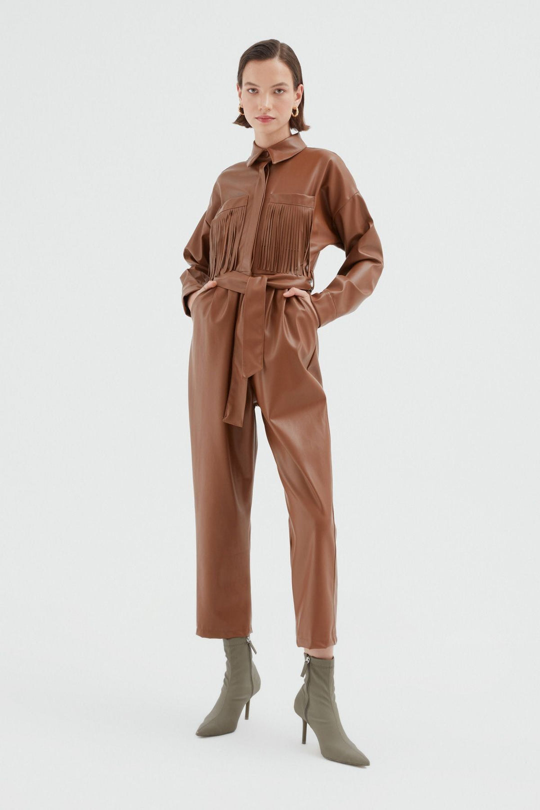 Cepleri Püsküllü Deri Tulum Kahverengi