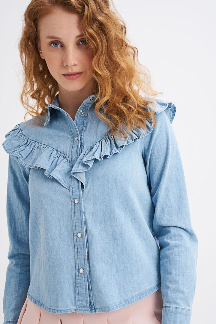 Fırfır Detaylı Kot Gömlek Mavi
