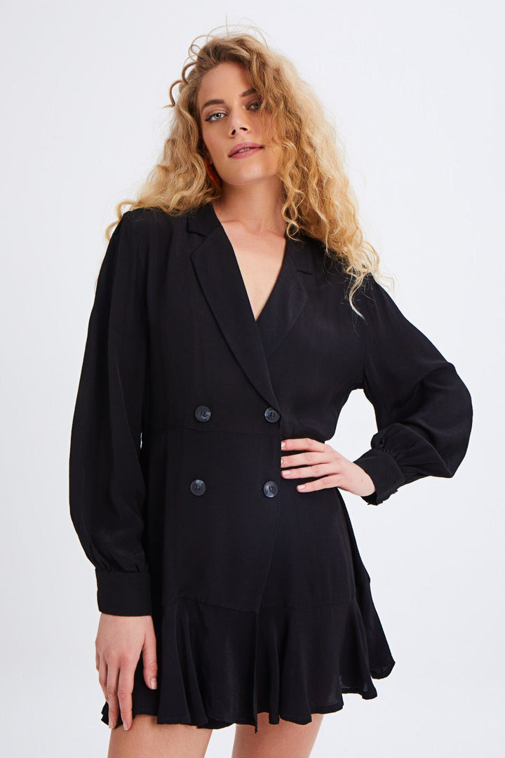Double Breasted Buttoned Ruffle Dress Black