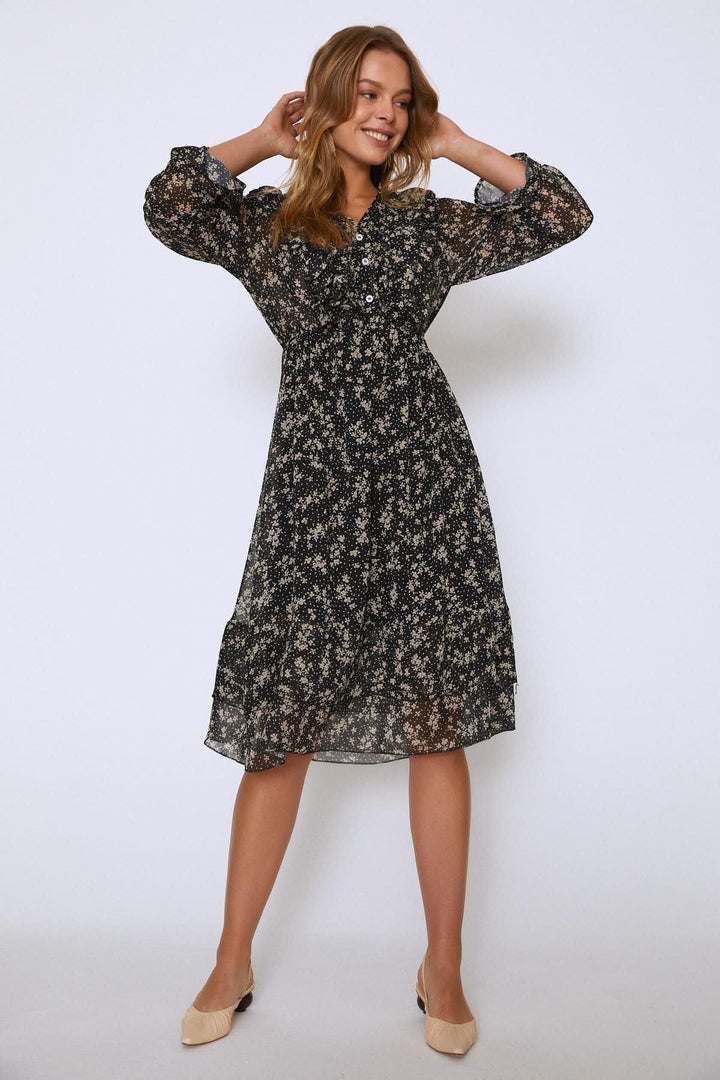 Crispy Floral Frilly Dress Black