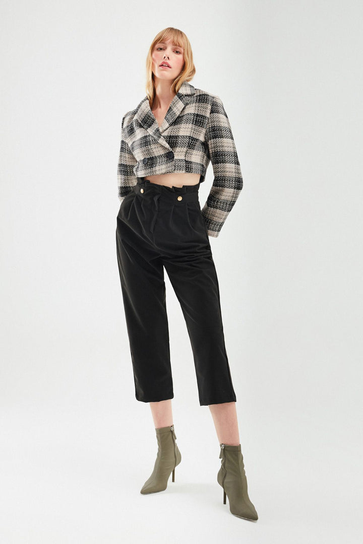 Ekose Crop Blazer Ceket Siyah