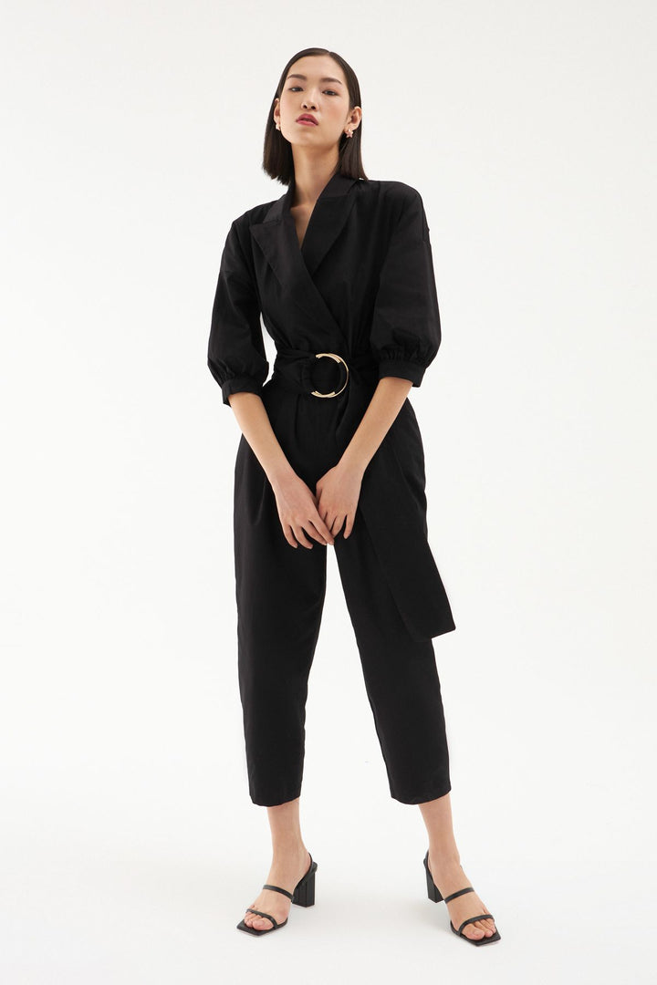 Belted Waist Balloon Sleeve Jumpsuit Black