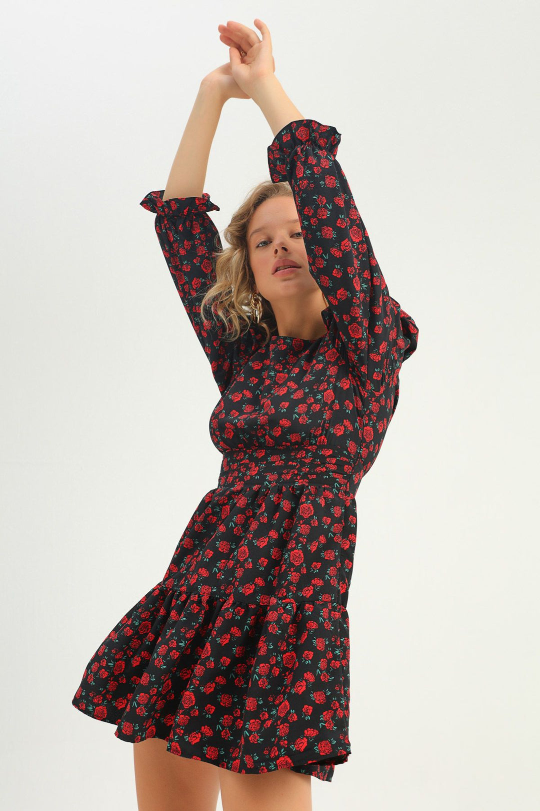 Floral Patterned Gipe Balloon Sleeve Dress Black