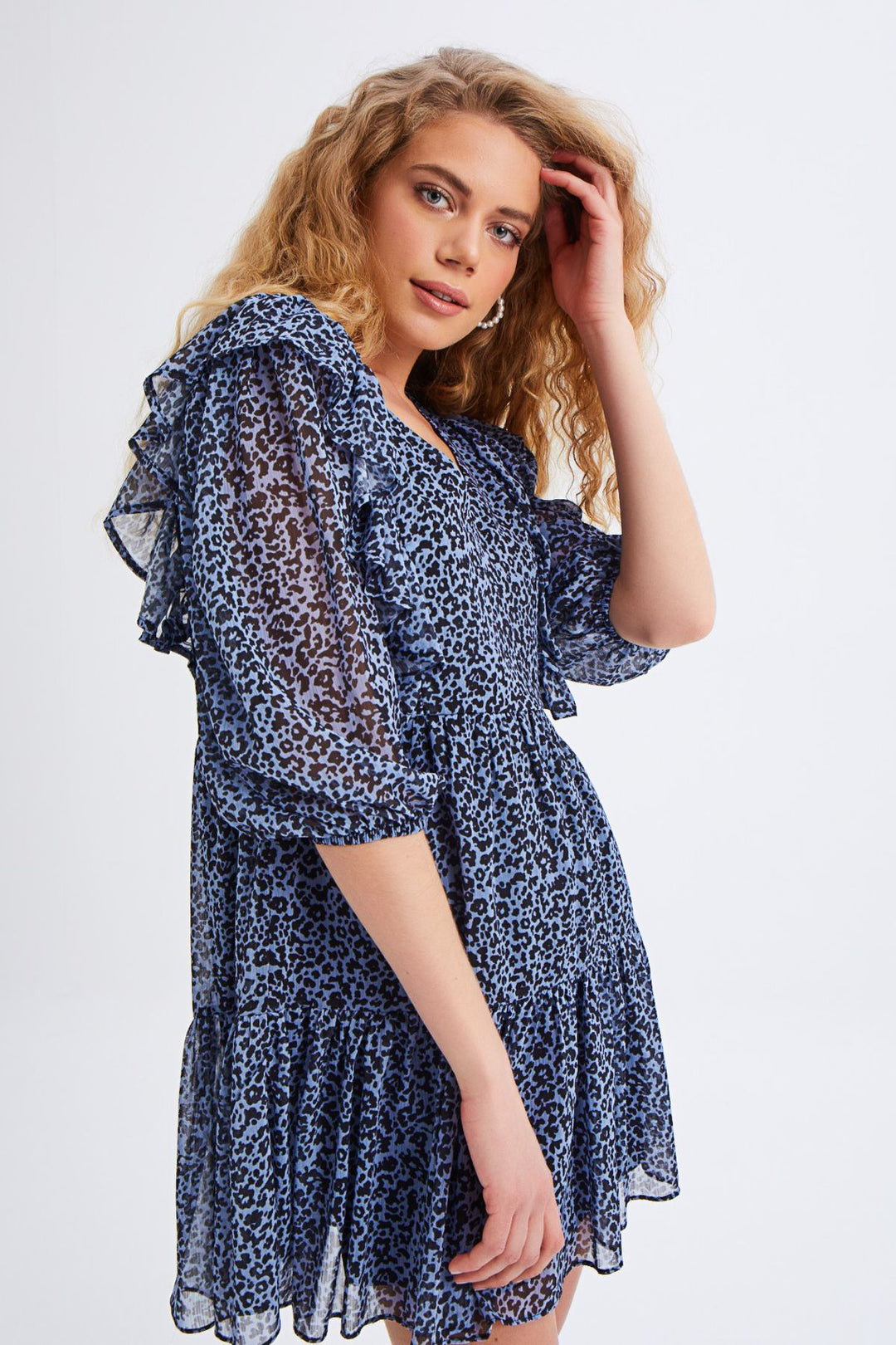 Patterned Frilly V-Neck Dress Baby Blue