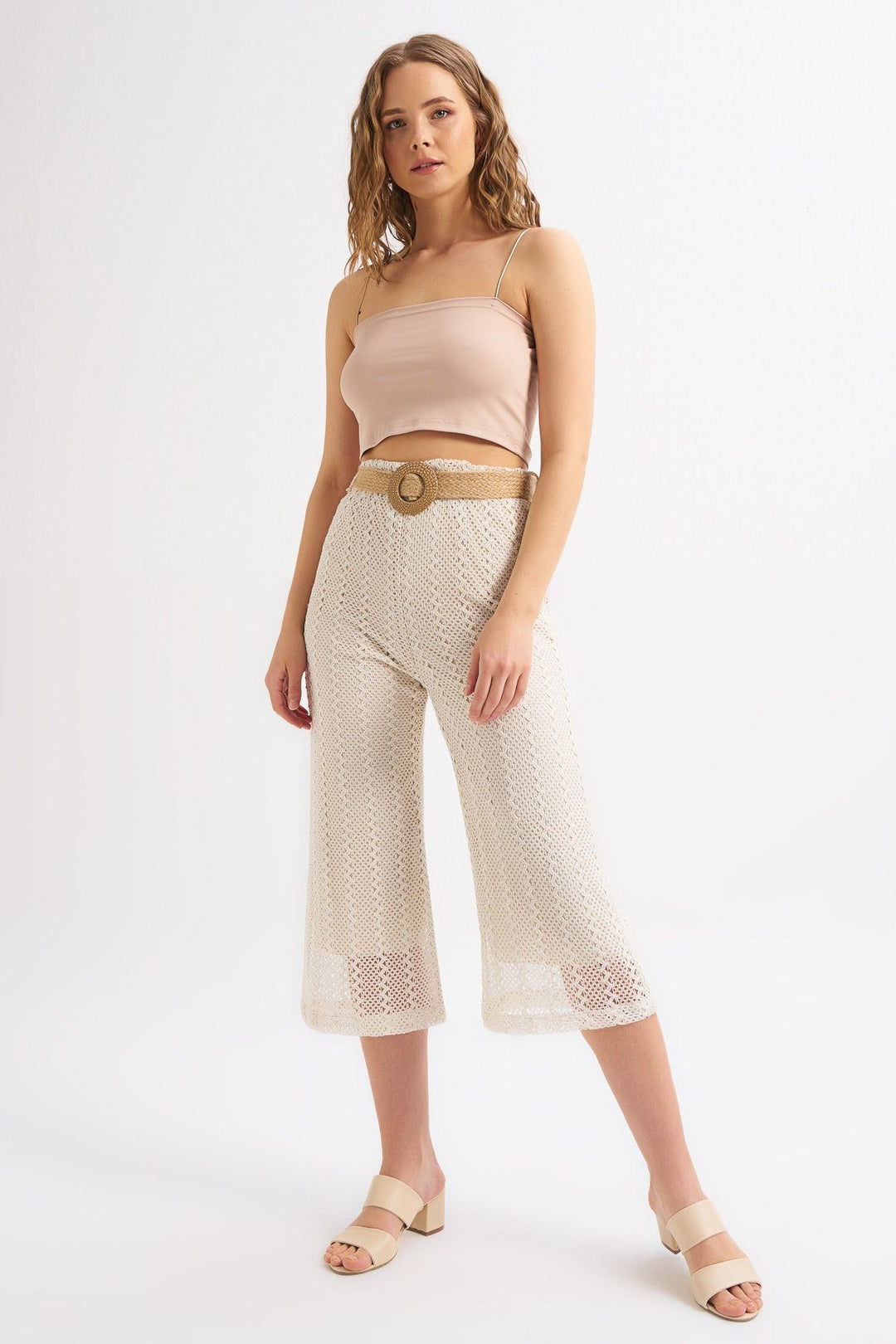 Güpür Hasır Kemerli Pantolon Ekru