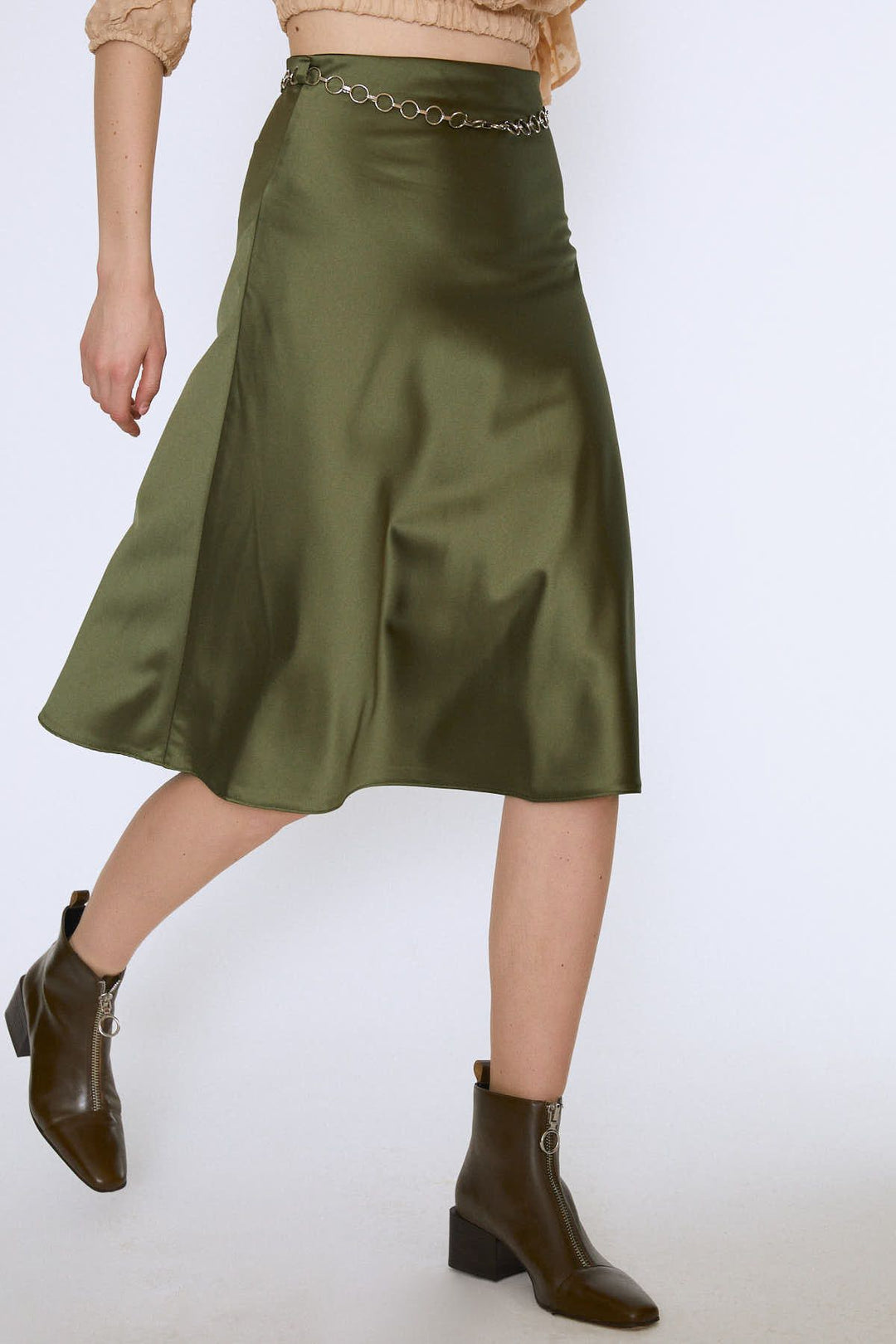 Chain Waist Midi Skirt Khaki