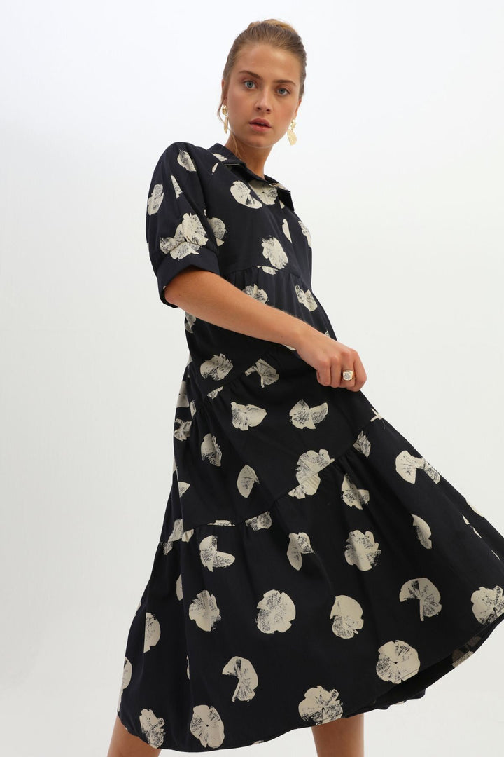 Patterned Shirt Collar Pocketed Dress Black