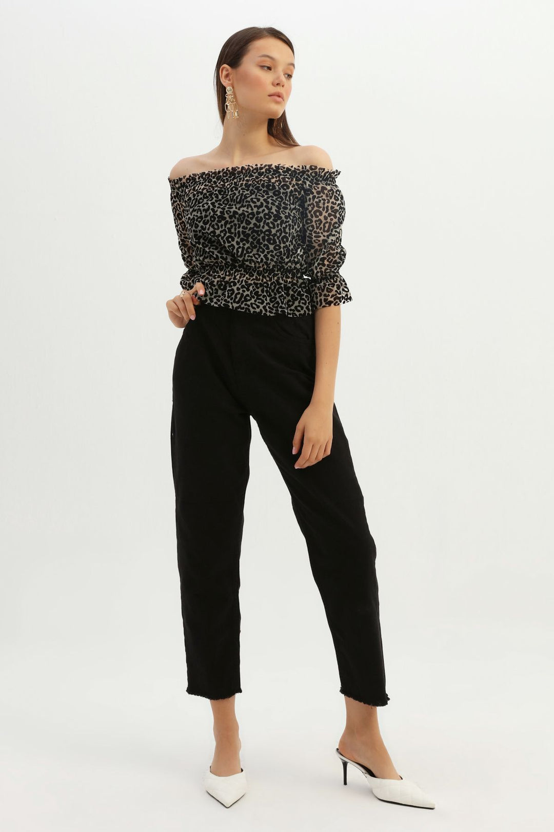 Patterned Off Shoulder Tulle Blouse Black