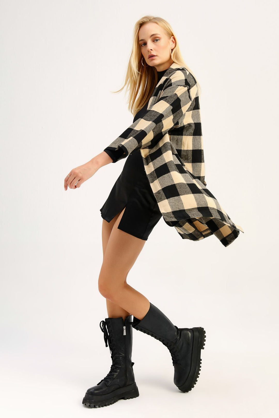 Ekose Uzun Ceket Siyah