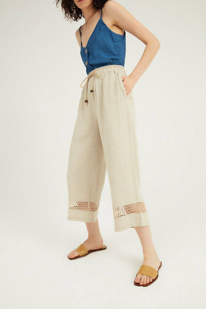 File Detaylı Keten Pantolon Naturel