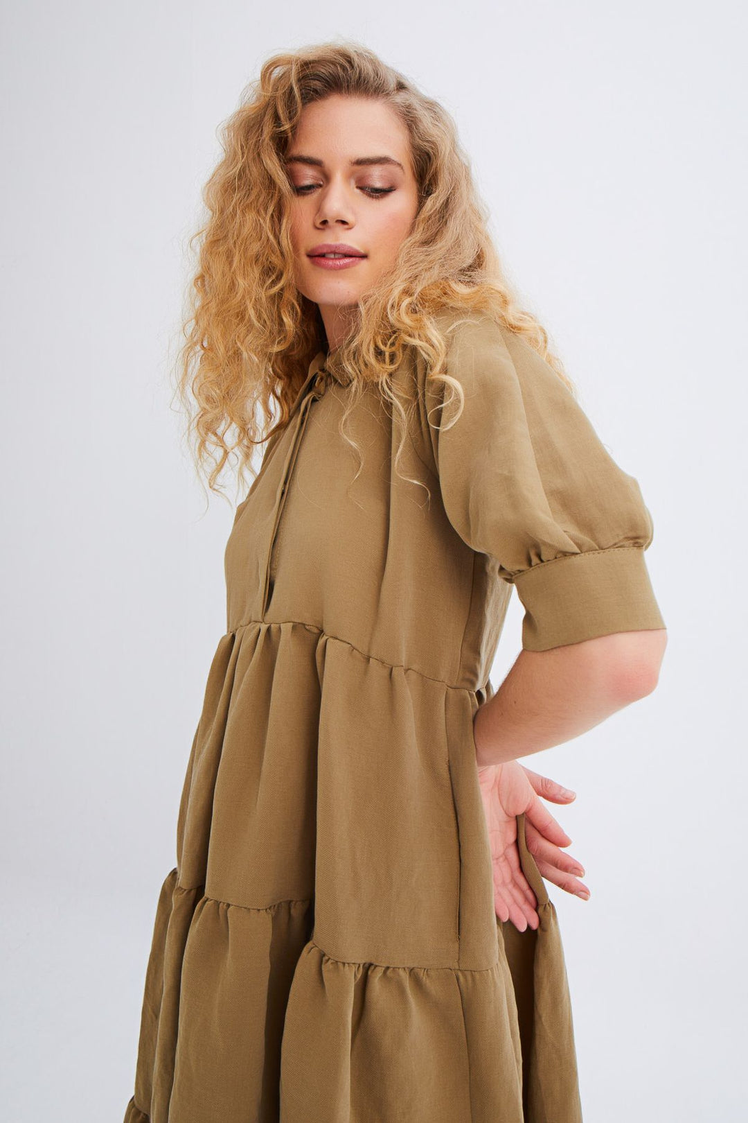 Shirt Collar Raglan Sleeve Dress Khaki