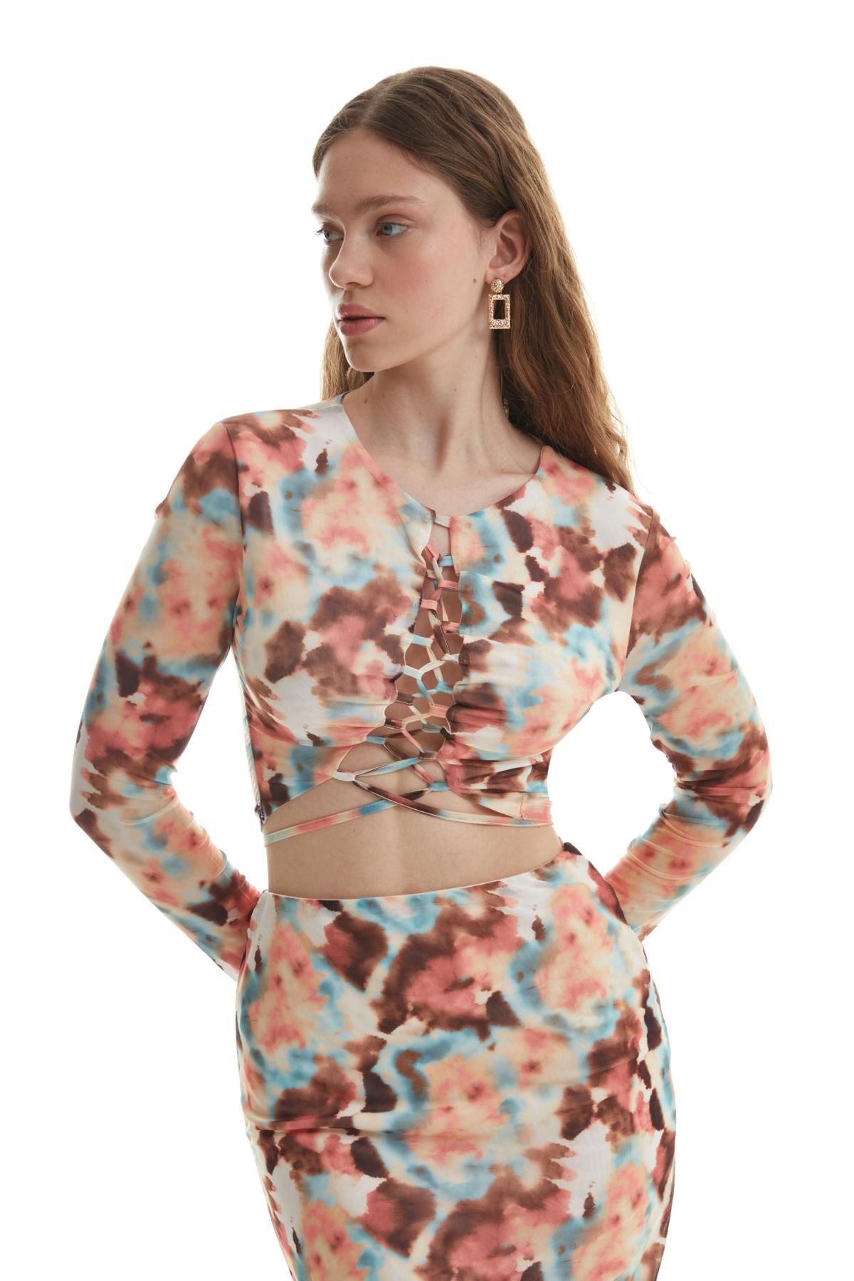Bağlamalı Batik Tül Bluz Pembe