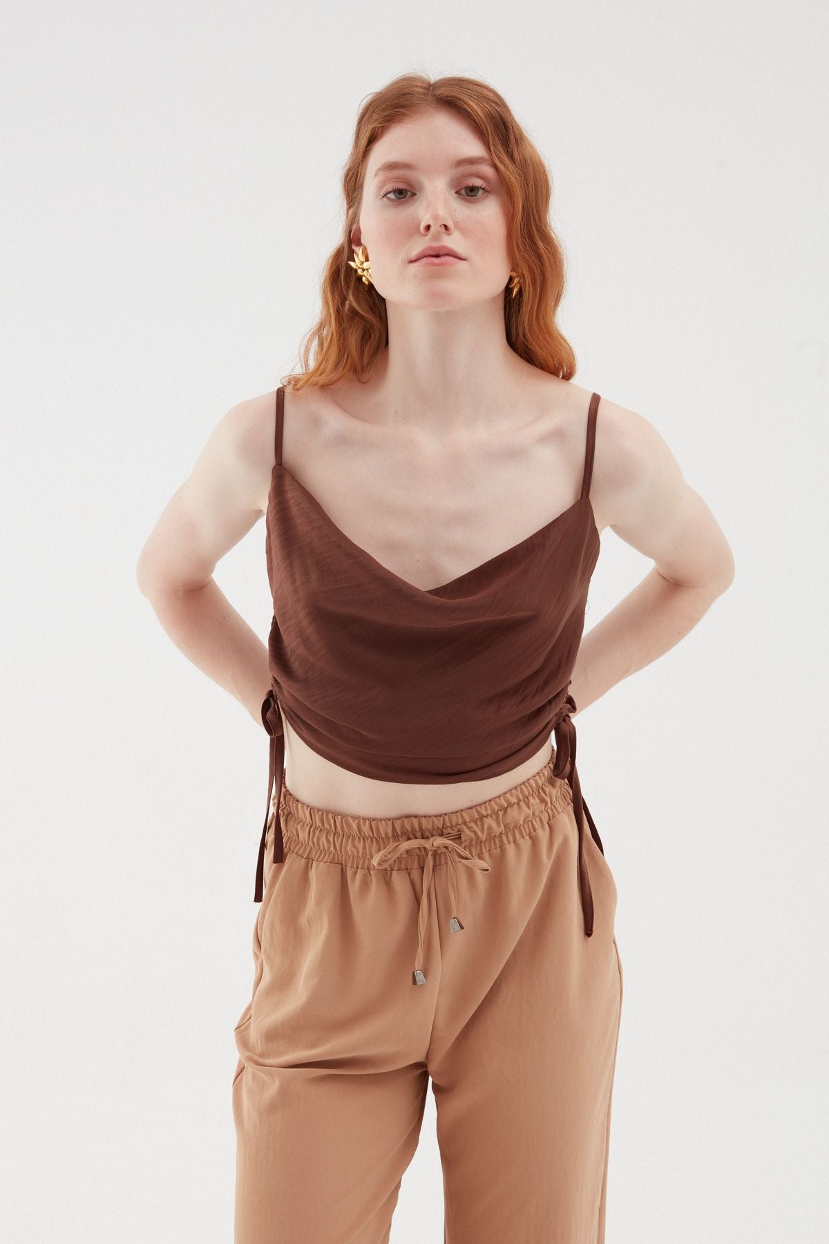 Plunging Collar Pleated Blouse Brown