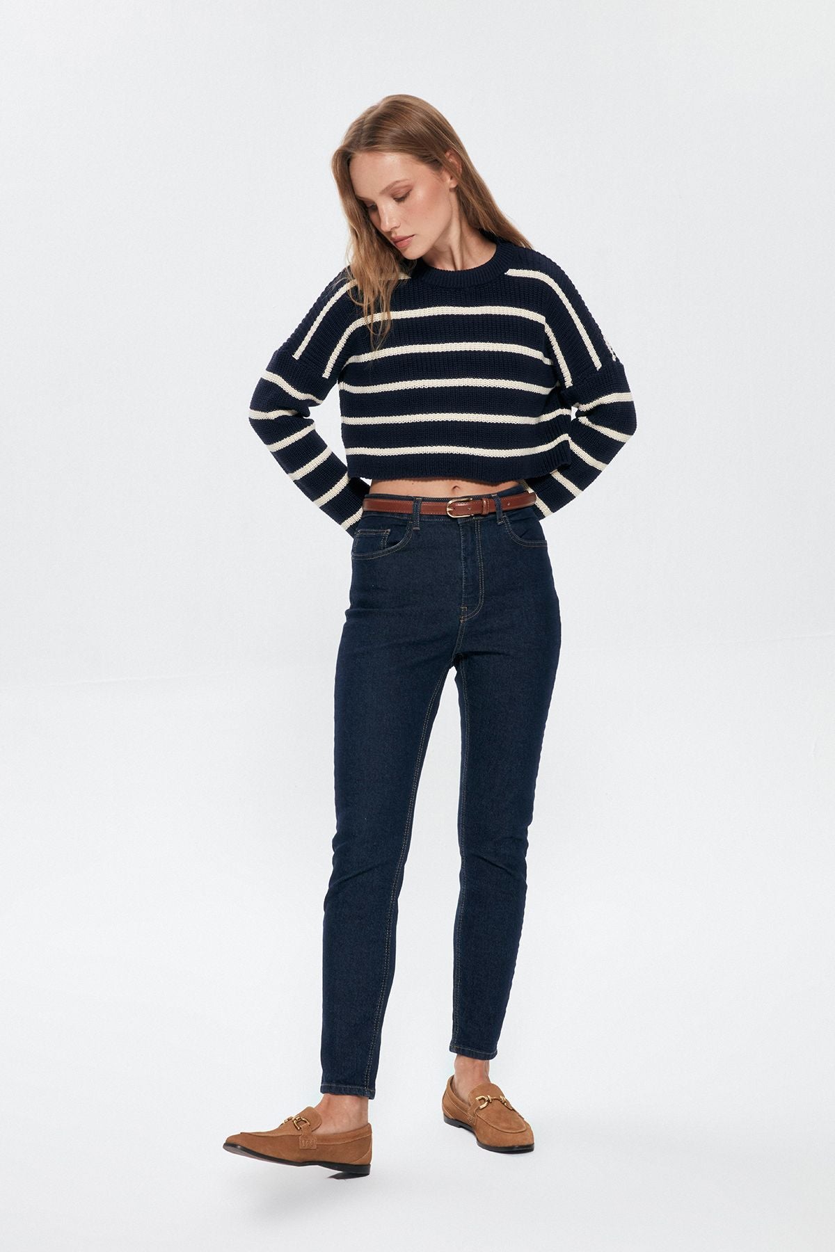 Stripe Detailed Crop Knitwear Sweater Navy Blue-Cream