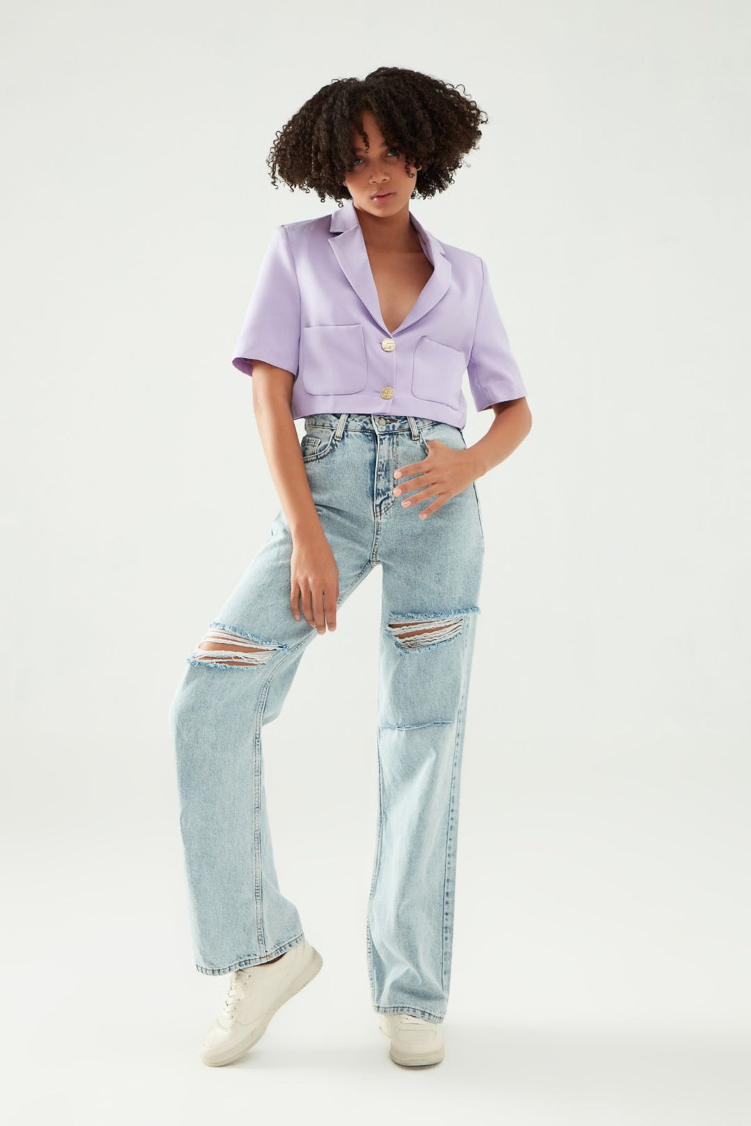 Pocket Detailed Crop Blazer Jacket Lilac