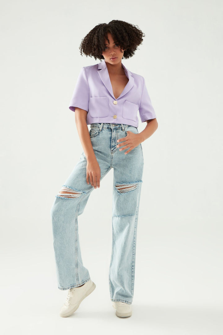 Pocket Detailed Crop Blazer Jacket Lilac
