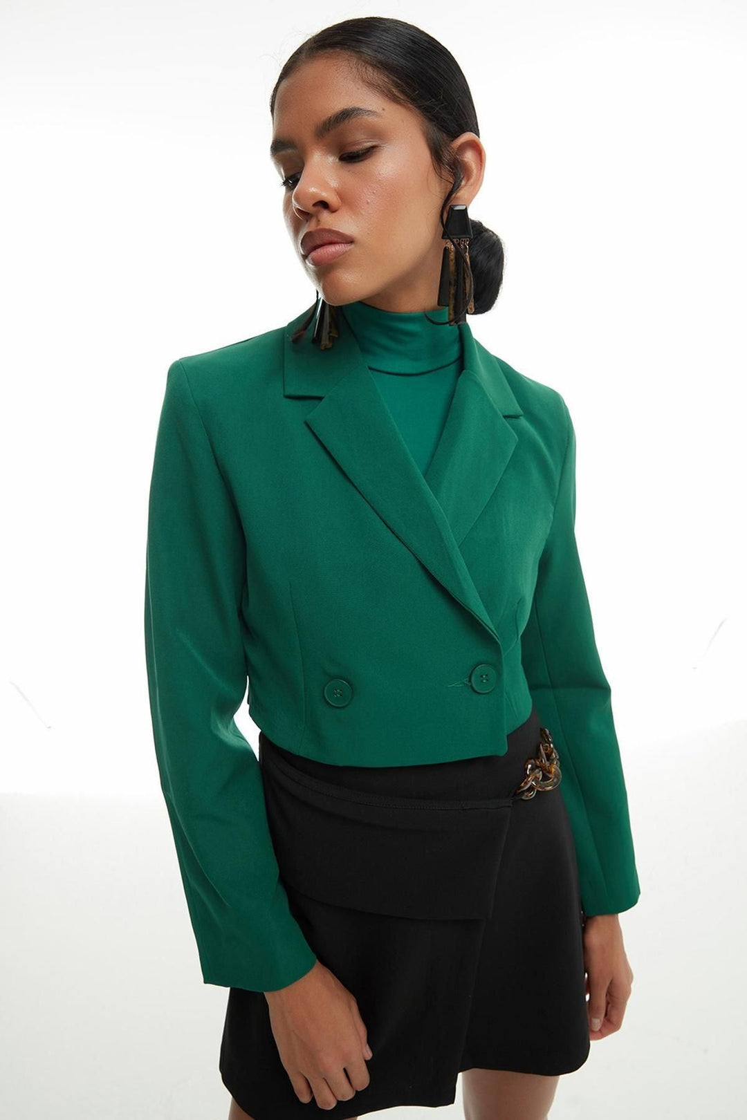 Double Breasted Crop Blazer Jacket Dark Green