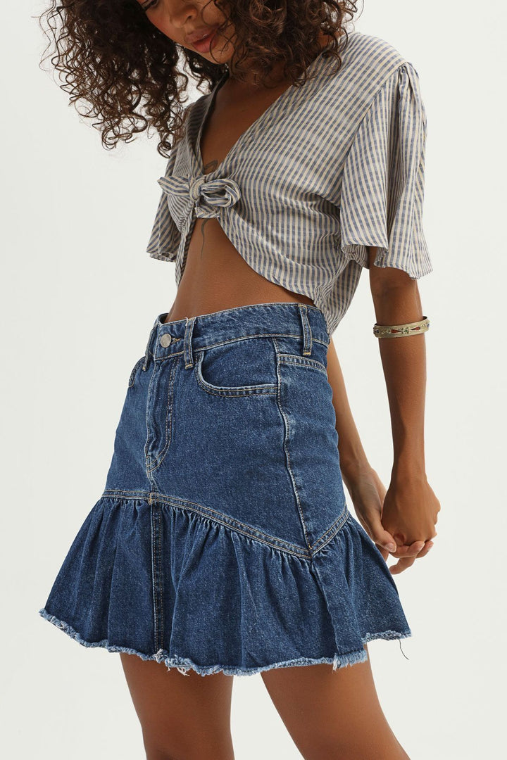 Etek Ucu Pile Detaylı Kot Etek Mavi