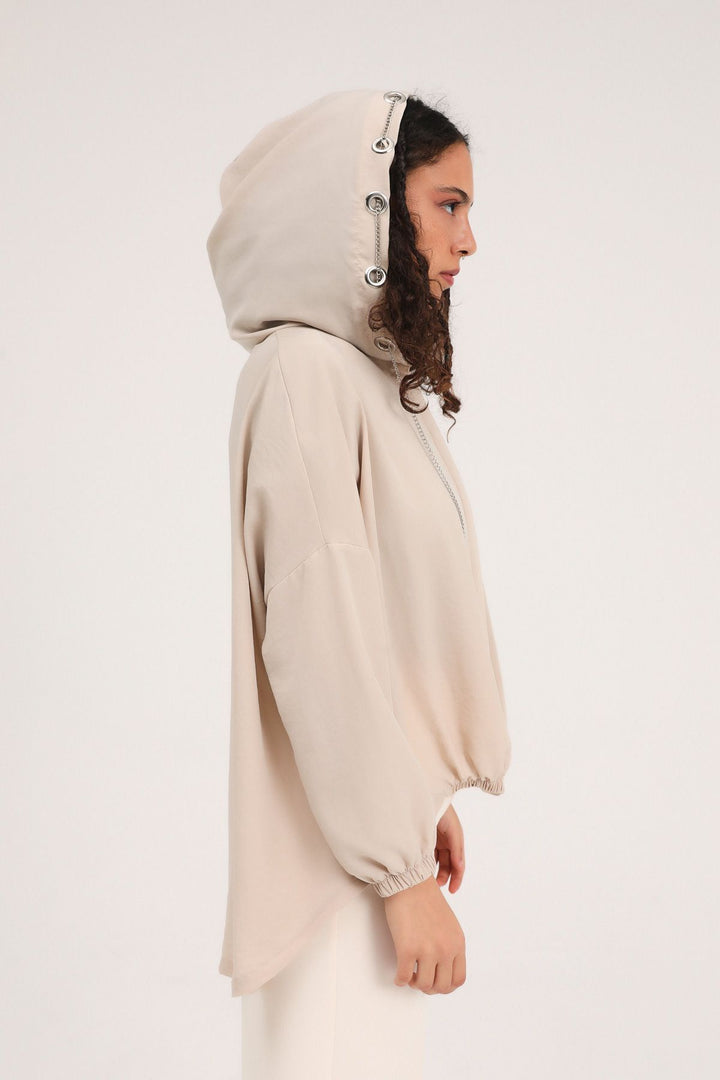 Kapüşonlu Oversize Gömlek Bej